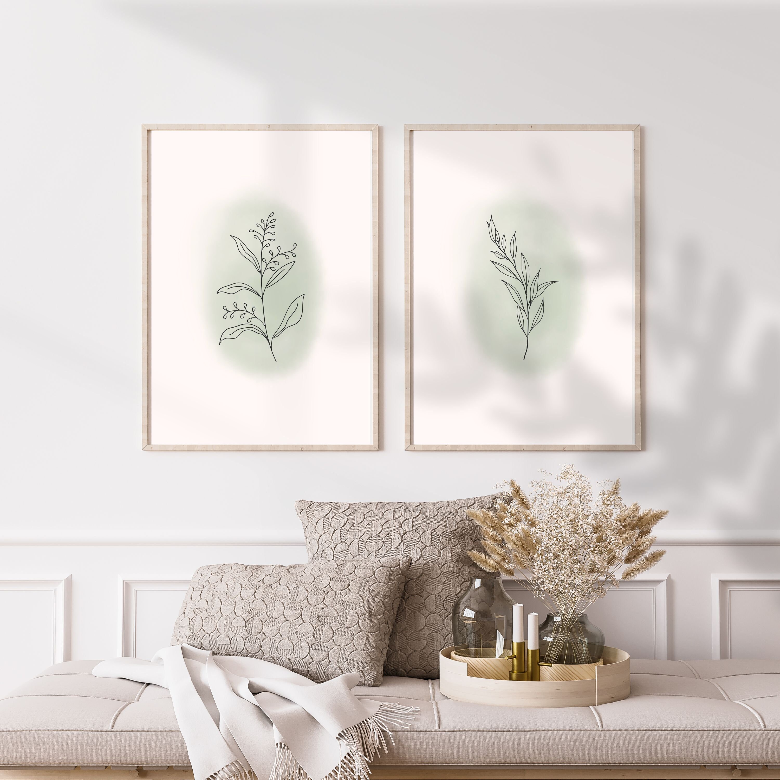 Sage Green Wall Art Prints, Botanical Line Art Set of 3 Prints ...