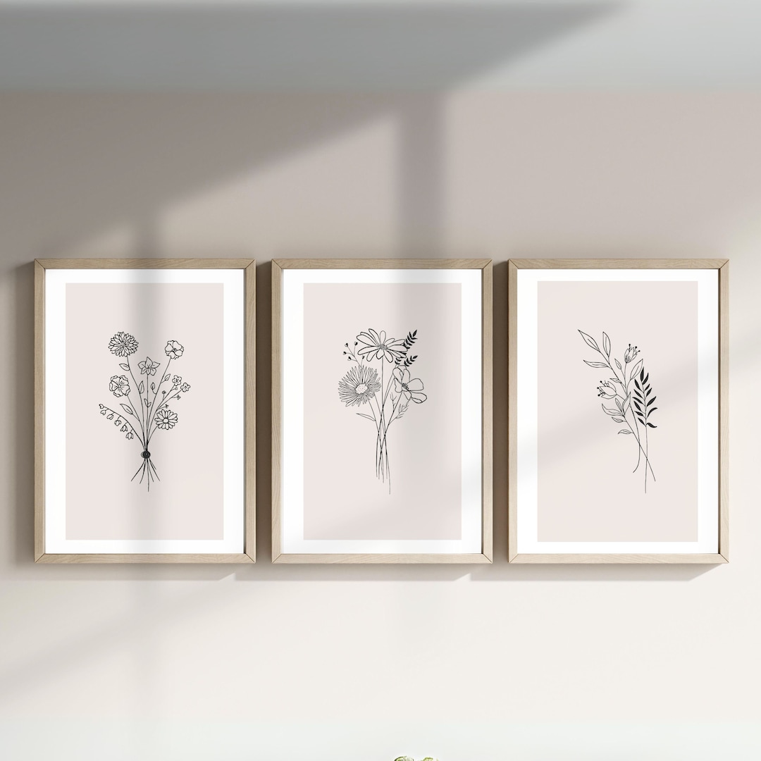 Neutral Flower Line Art Set of 3 Prints, Minimalist Botanical Wall Art ...