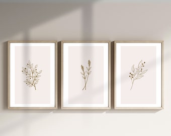 Boho Neutral Wall Art Prints, Modern Flower Line Art, Set of 3 Living Room Posters, Minimal Botanical Wall Prints, Printable Art, FL007