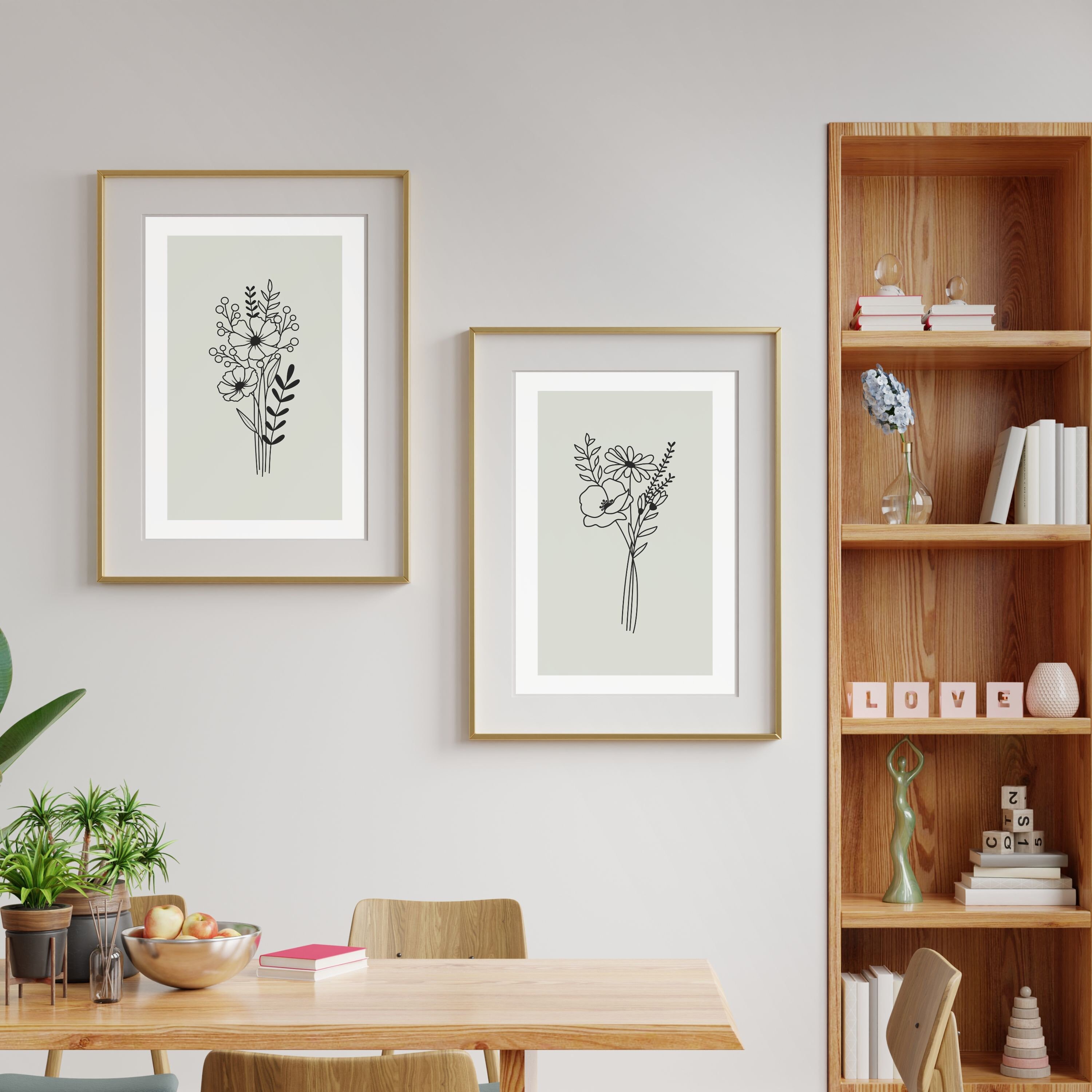 Sage Green Floral Wall Art Set of 3 , Botanical Line Prints, Minimalist ...