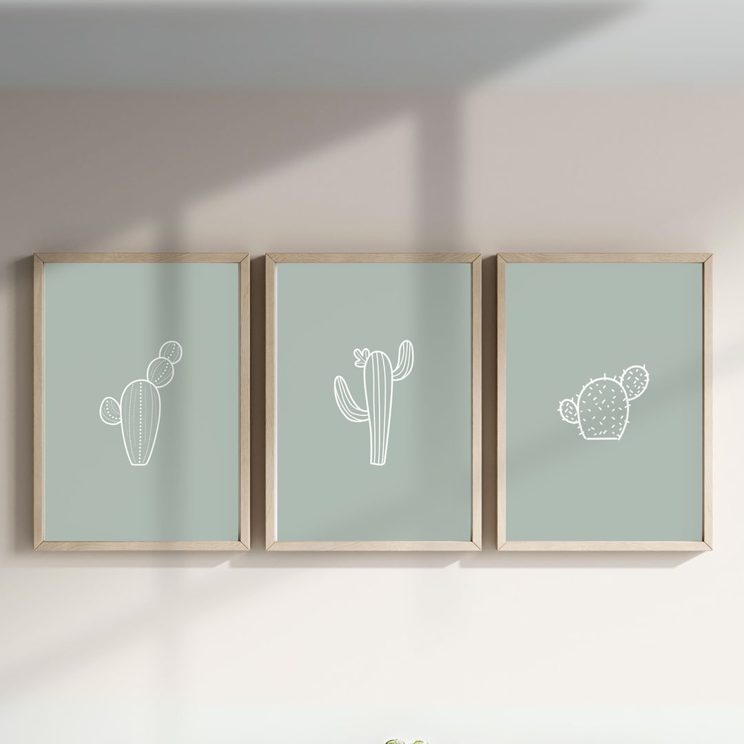 Western Cactus Line Art Set of 3, Sage Green Wall Art, Boho Minimalist ...