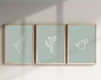 Western Cactus Line Art Set of 3, Sage Green Wall Art, Boho Minimalist Line Art, Desert Cactus Garden, Modern Minimal Decor, SU006