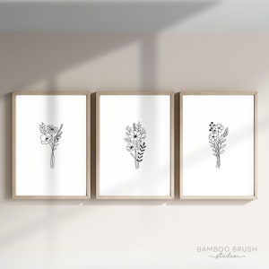 Minimalist Floral Line Art Set of 3 Prints, Modern Minimal Wall Decor, Boho Botanical Line Art Prints, Printable Wall Art Set, FL011