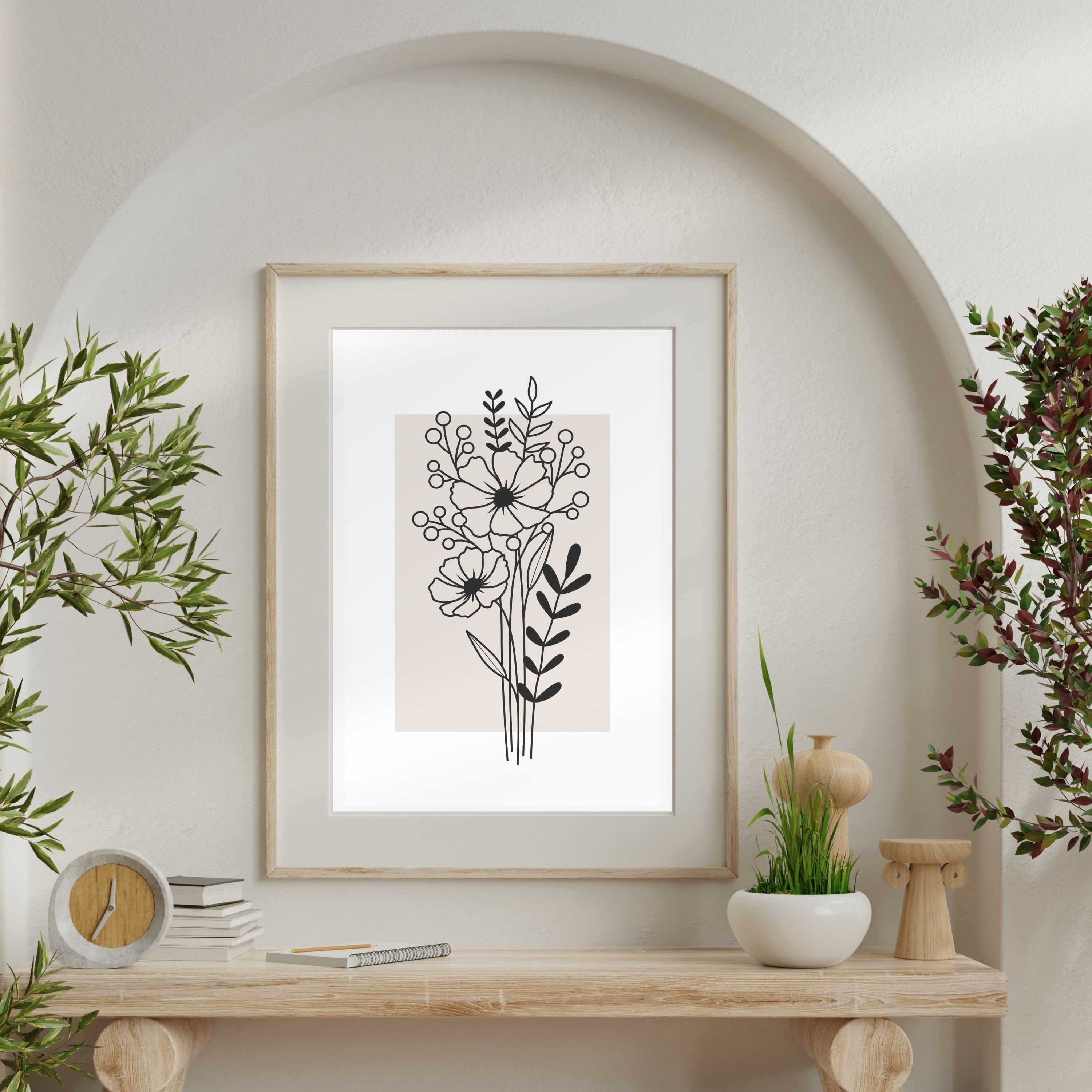 Neutral Flower Bouquet Line Art Set of 3 Prints, Minimalist Botanical ...