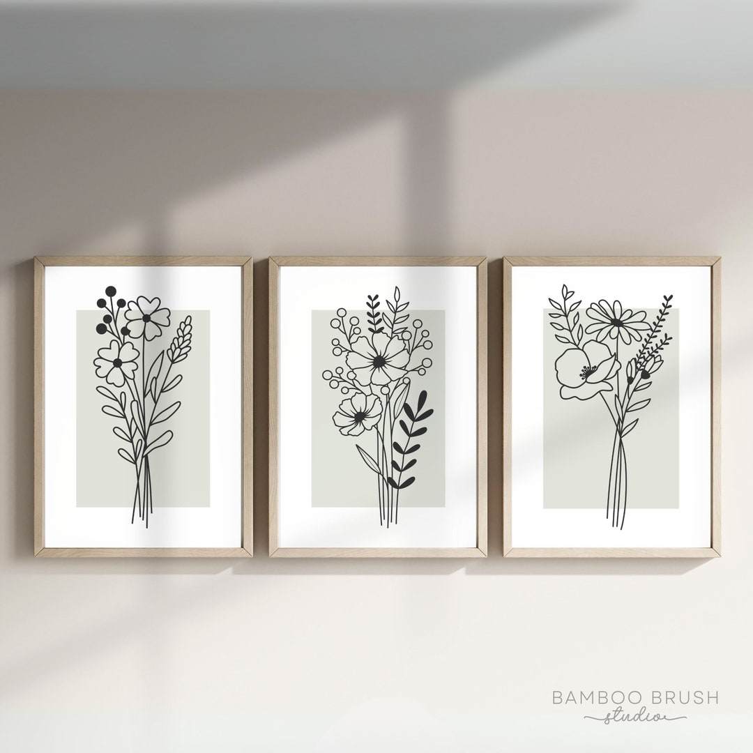 Sage Green Botanical Wall Art Set of 3 , Botanical Line Prints ...