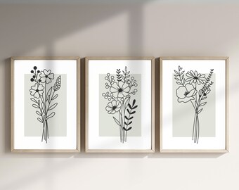 Sage Green Botanical Wall Art Set of 3 , Botanical Line Prints, Minimalist Modern Neutral Floral Line Art, Modern Boho Art Prints, FL014