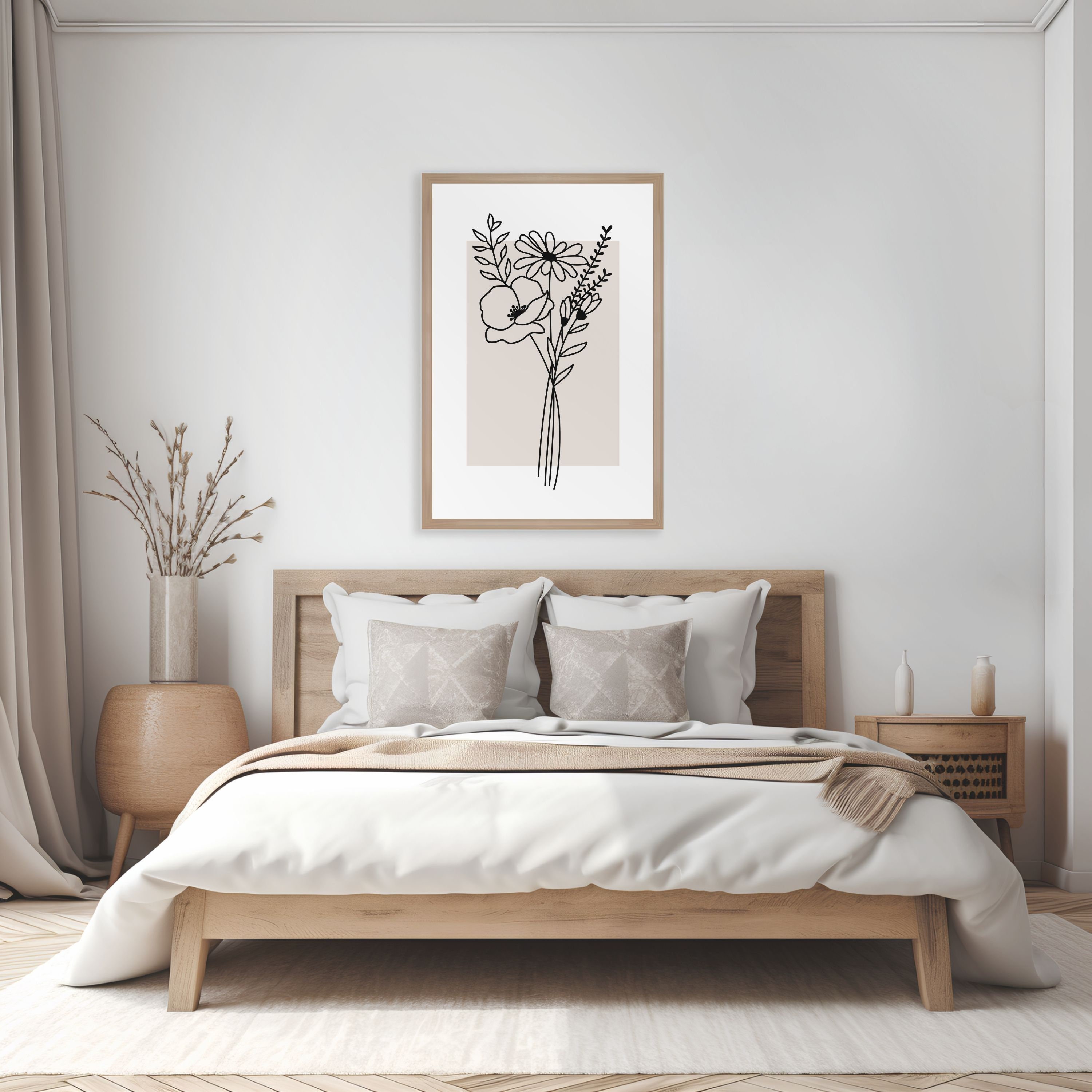 Neutral Flower Bouquet Line Art Set of 3 Prints, Minimalist Botanical ...