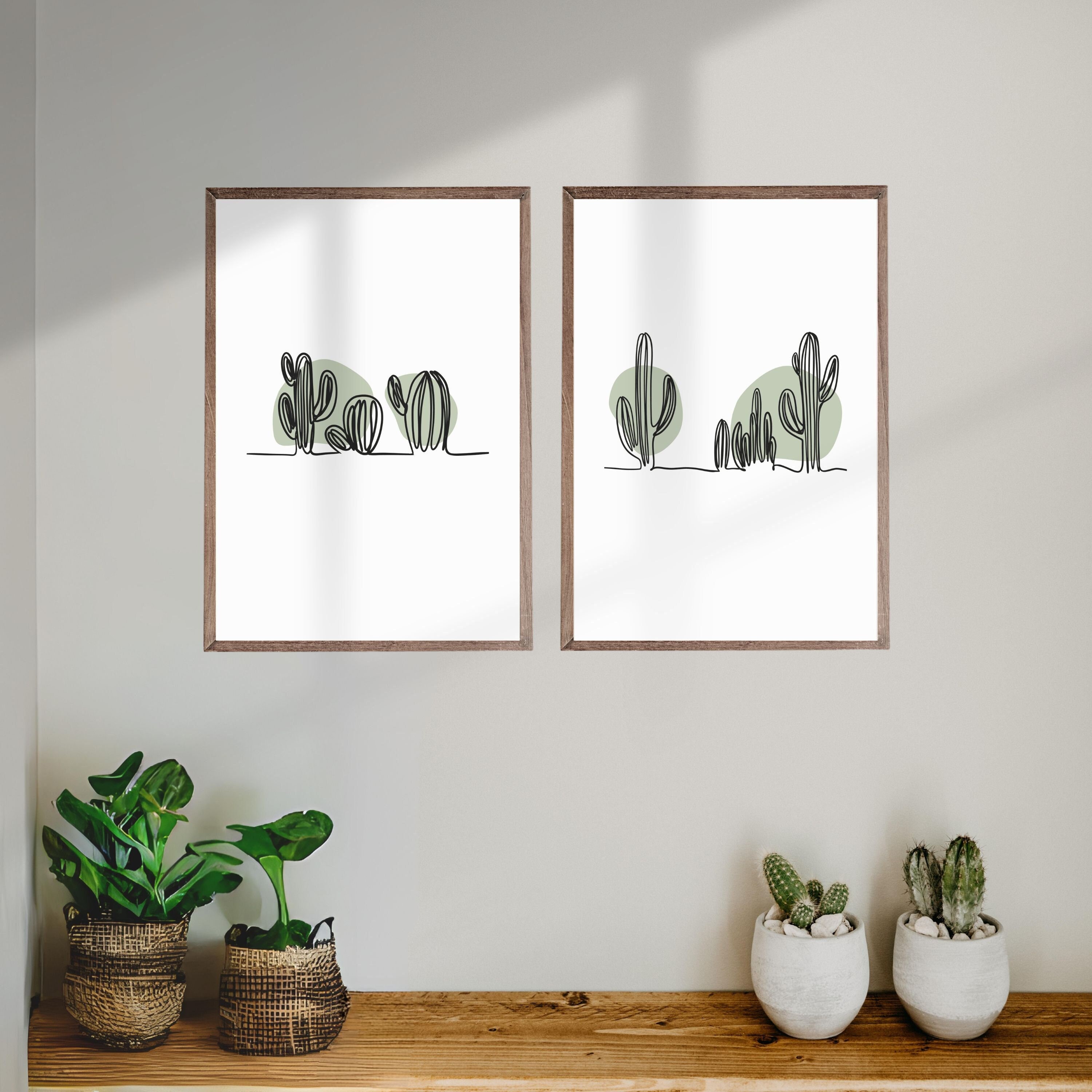 Saguaro Cactus Line Art Set of 2, Sage Green Botanical Wall Art, Boho ...