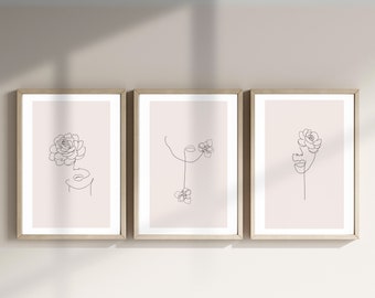 Woman Face with Flowers Line Art Set of 3, Flower Line Drawing, Neutral Minimalist Line Art, Beige Neutral Decor, Boho Modern Home, BD012