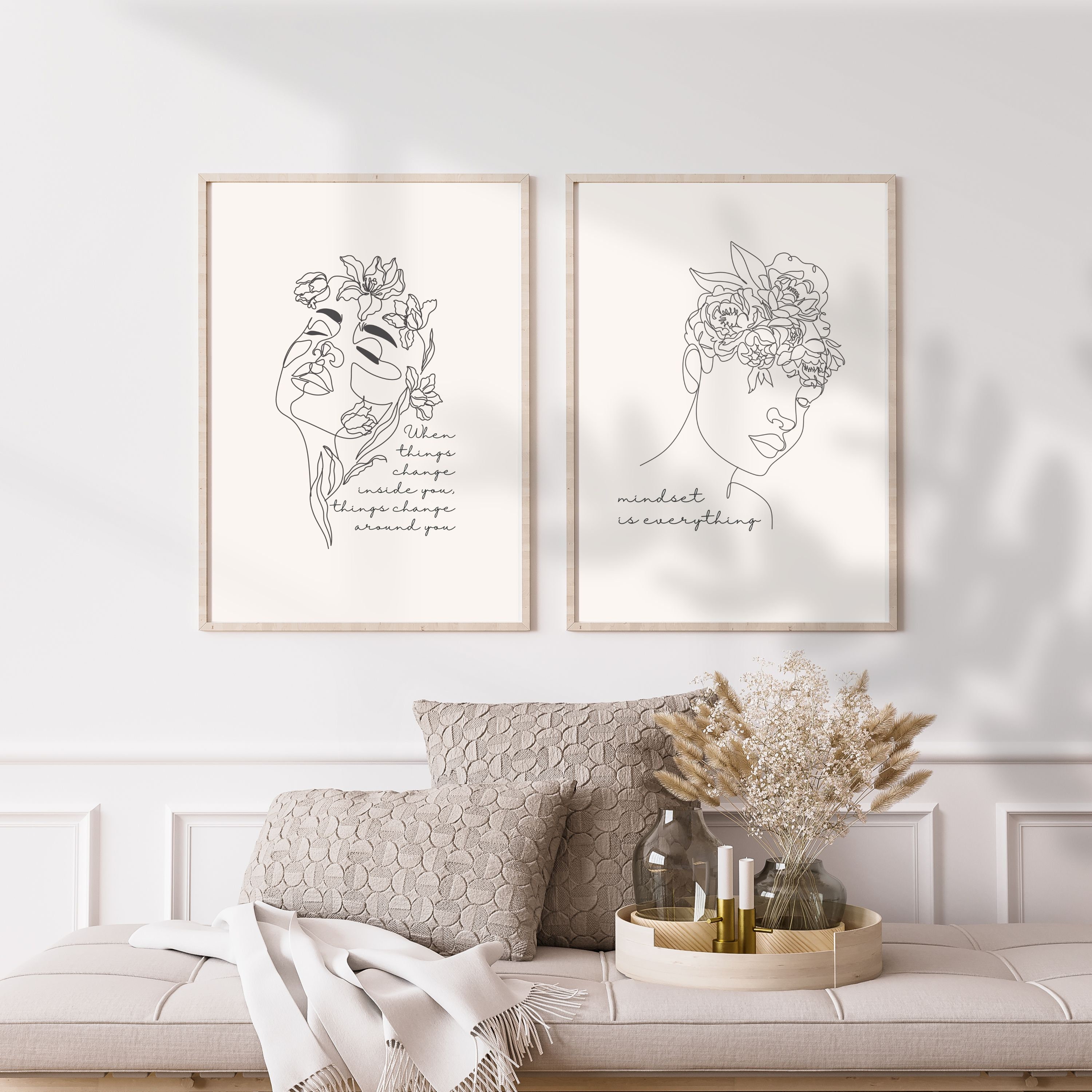 Boho Woman Set of 3 Wall Art, Floral Line Wall Art Above Bed, Boho ...