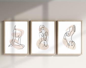 Conjunto de arte de línea de figura femenina abstracta de 3, arte de línea de mujer desnuda, cartel del cuerpo femenino, decoración minimalista del hogar, impresiones abstractas modernas, BD028