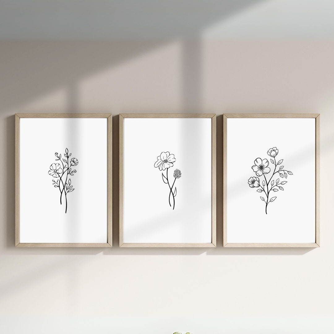 Minimalist Flower Line Art Print Set of 3, Floral Modern Wall Decor ...