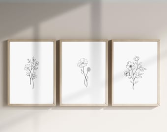 Minimalistyczny kwiatowy zestaw wydruków sztuki linii 3, kwiatowy nowoczesny wystrój ścienny, botaniczny rysunek linii, boho kwiatowy minimalistyczny 3-częściowy obraz ścienny, FL009