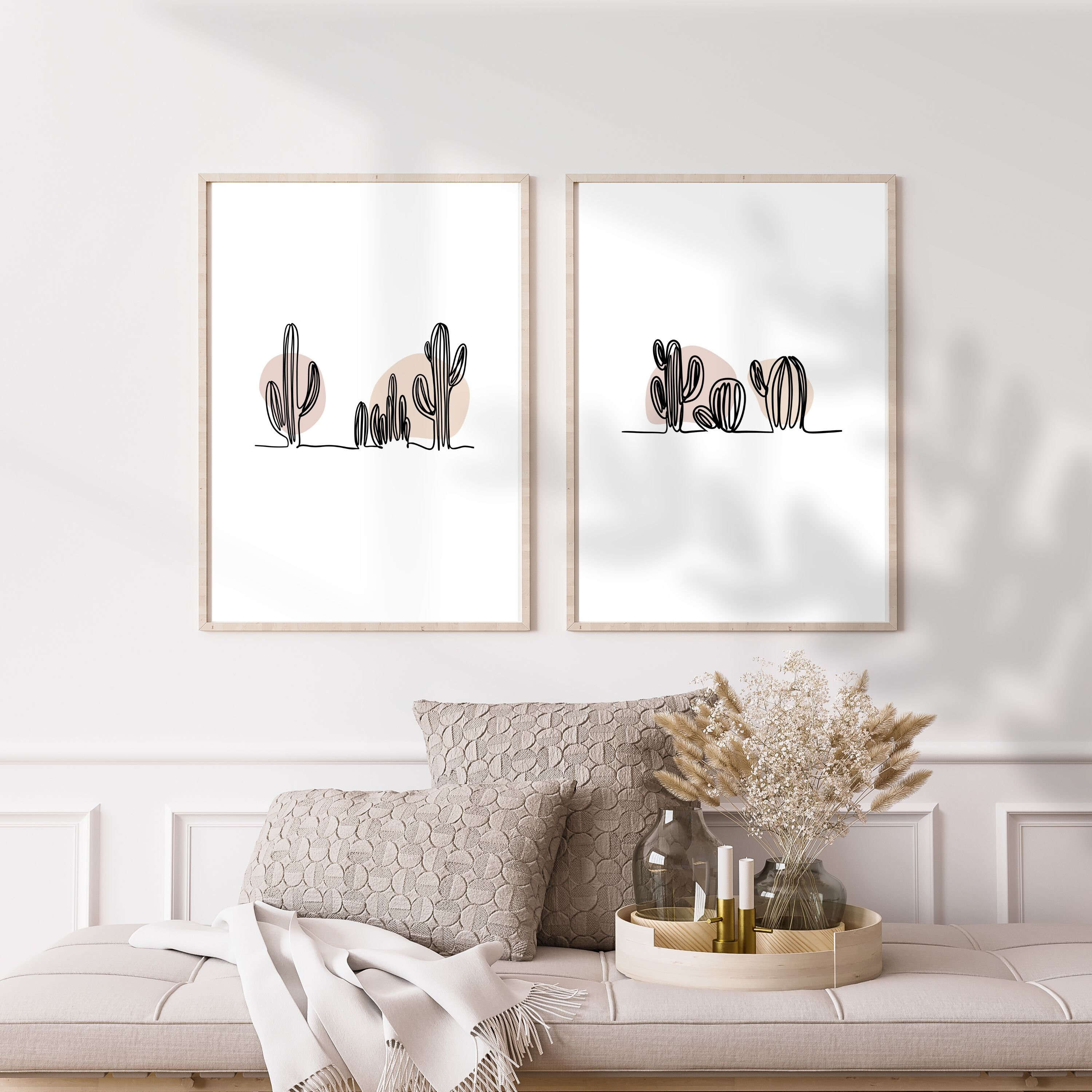 Neutral Saguaro Cactus Line Art Set of 2, Beige Neutral Tone Botanical ...