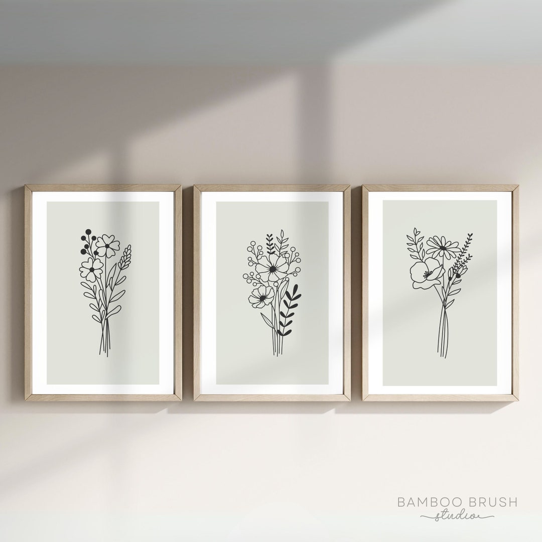 Sage Green Floral Wall Art Set of 3 , Botanical Line Prints, Minimalist ...