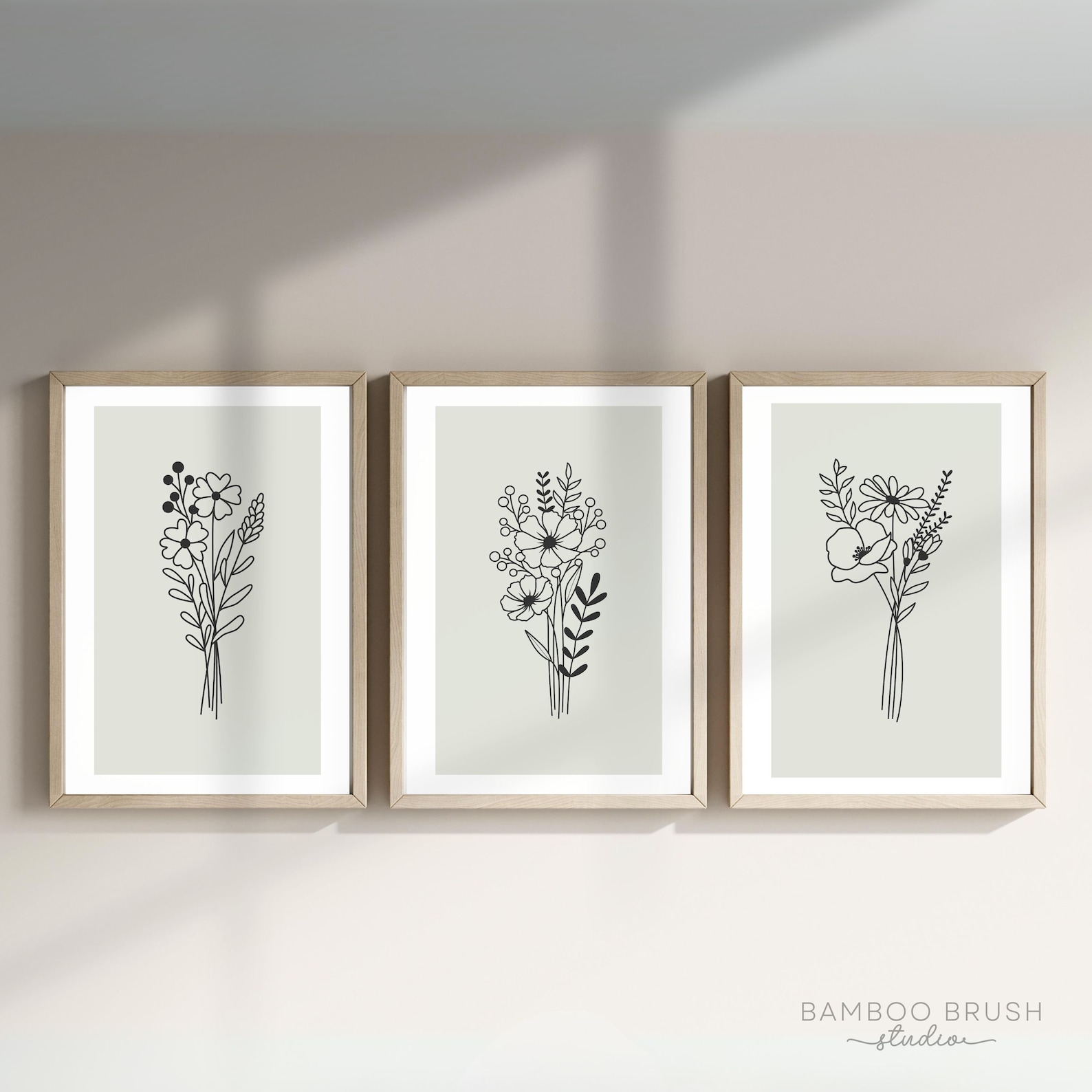Sage Green Floral Wall Art Set of 3 , Botanical Line Prints, Minimalist ...