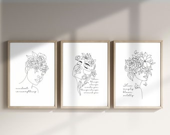 Feminine Botanical Line Art Poster, Woman Face Line Art Above Bed, Boho Minimalist FlowerLine Art, Flower Line Drawing,White FL001