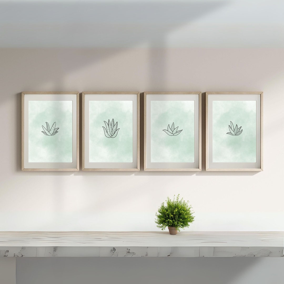 Aloe Succulent Line Art Set of 4, Sage Green Watercolor Wall Art, Aloe ...