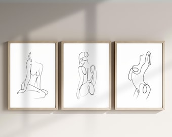 Conjunto de arte de línea de figura femenina de 3, arte de línea de mujer desnuda, arte abstracto de la pared del cuerpo de la mujer, cartel del cuerpo femenino, decoración moderna del hogar, BD027