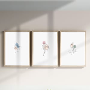 Woman Face Line Art Set of 3 Prints, Body Line Art, Minimalist One Line Drawing, Minimal Modern Wall Art, Boho Flower Line Art, FL010