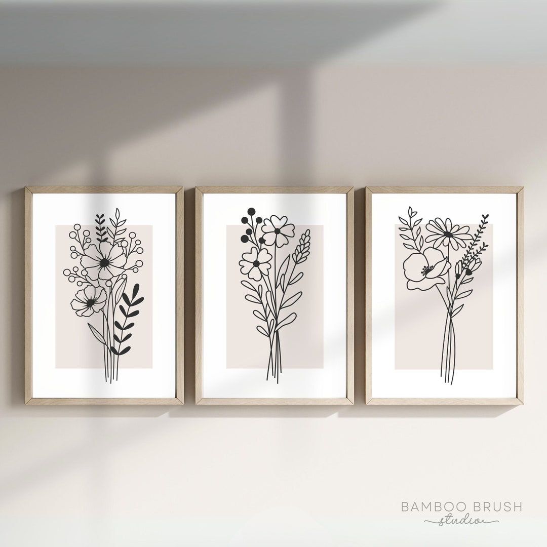 Neutral Flower Bouquet Line Art Set of 3 Prints, Minimalist Botanical ...
