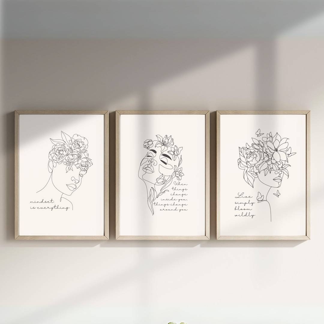 Boho Woman Set of 3 Wall Art, Floral Line Wall Art Above Bed, Boho ...