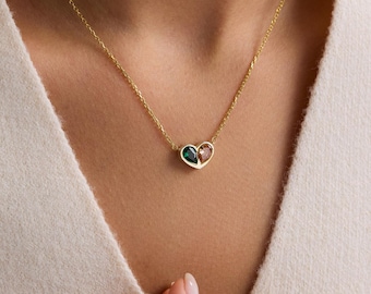 Gold & Silver Custom Two-Stone Heart Necklace, Personalized Heart Necklace with Birthstone, 14k Gold Heart Pendant,  Jewelry Gift for Mom
