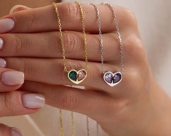 Personalized 2 Birthstone Necklace, Minimalist Heart Birthstone Pendant, Custom Jewelry for Her, Heart Love Gifts, Christmas Gifts for Mom