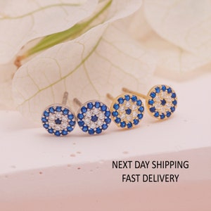 Small Evil Eye Earrings, Round Evil Eye Earrings, Zircon Evil Eye Earrings, Blue Evil Eye Studs, Evil Eye Protection, Evil Eye Earrings Gift