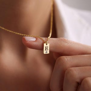 Personalized Birthstone Tag Necklace: 14K Gold Initial Women Jewelry, Custom Letter Pendant, Birthday & Christmas Gift For Her Sister Family