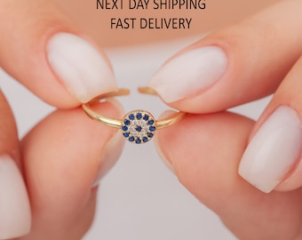 14K Gold Plated Evil Eye Ring, Evil Eye Ring, Elegance Protection Ring, Adjustable Evil Eye Ring, Evil Eye Ring for Mom, Christmas Gift