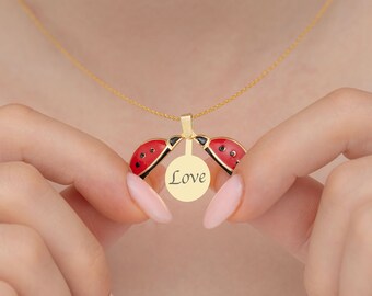 Gold Customized Ladybug Name Necklace, Cute Memorial Locket Necklace, Personalized Good Luck Pendant, Christmas & Birthday Gifts for Girls
