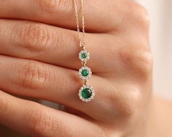 14K Solid Gold Emerald Necklace: Dainty May Trio Birthstone Jewelry, Sapphire Bridal Pendant, Real Gold  Christmas Gifts for Her Women Mom