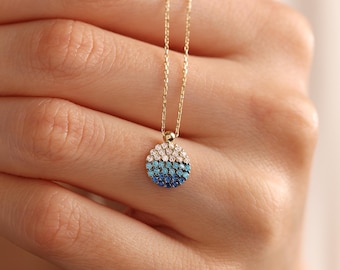 14K Real Gold Turquoise Necklace: Pave Ocean Jewelry, Dainty Ocean Pendant, Mom Gifts, Birthday & Anniversary Gift for Her Women