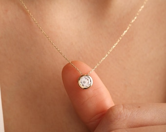 14K Solid Gold Bezel Necklace: Dainty Diamond Pendant, Elegant Women Jewelry, Christmas & Graduation Gifts for Her Daughter