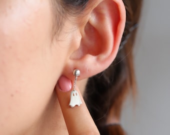 Sterling Silver Ghost Drop Earrings: Spooky Halloween Jewelry