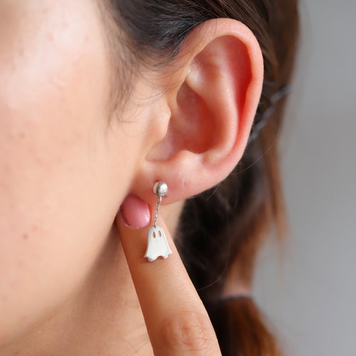 Sterling Silver Ghost Drop Earrings: Spooky Halloween Jewelry