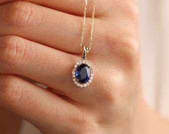 14K Solid Gold Oval Birthstone Women Necklace: Sapphire Emerald Ruby Pendant, Fine Anniversary & Christmas Jewelry Gift for Her Mother Wife