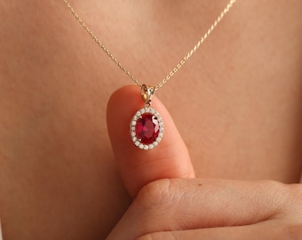 Ruby Necklace Gold, Oval Red Gemstone Pendant, July Birthstone Jewelry, Dainty Bridal Gifts for Her, Fine Handmade Charm, Christmas Gift