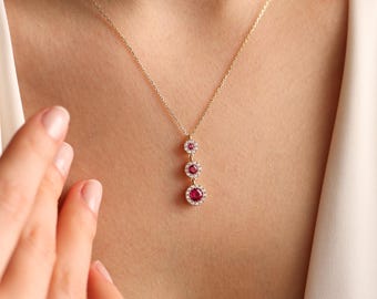 Solid Gold Three Birthstone Necklace, 14K Trio Birthstone Jewelry, Custom Birthday Gift, Real Gold Sapphire Pendant, Christmas Gifts for Her