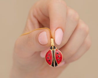 14K Gold  Black-Red Enamel Ladybug Pendant Luck Necklace, Custom Ladybird Locket, Birthday Jewelry, Christmas Gifts for Girls, Her & Women
