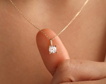 14K Solid Gold Diamond Solitaire Necklace: Dainty Bridal Pendant
