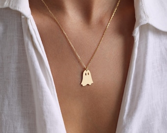 14K Gold Ghost Necklace – Dainty Ghost Charm, Cute Halloween Jewelry, Spooky Boo Pendant, Trick or Treat Gift for Her Kids Women,