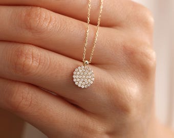 Elegant Pave Necklace: 14K Solid Gold Pave Circle Jewelry, Dainty Diamond Pendant, Mom Gifts, Birthday & Anniversary Gift for Her Women