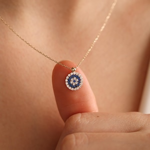 14K Gold Evil Eye Necklace: Dainty Protection Pendant, Solid Gold Jewelry, Diamond Eye Charm, Lucky Necklace, Christmas Gifts for Her Women