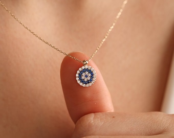 14K Gold Evil Eye Necklace: Dainty Protection Pendant, Solid Gold Jewelry, Diamond Eye Charm, Lucky Necklace, Christmas Gifts for Her Women