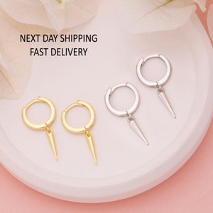 May include: Two pairs of hoop earrings with a spike pendant. One pair is gold-colored, and the other is silver-colored. The earrings are displayed on a white, circular surface against a soft pink background. The text "NEXT DAY SHIPPING FAST DELIVERY" is visible.