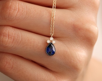 14K Solid Gold Sapphire Necklace: Elegant Birthstone Jewelry Gifts for Mother, Dainty Real Gold Birthday & Anniversary Gift for Her Women