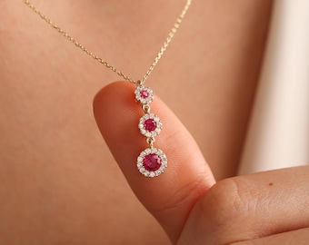 14K Solid Gold Ruby Birthstone Necklace: Dainty Trio Diamond Halo Pendant, Real Gold Jewelry, Anniversary & Birthday Gifts for Her Women Mom