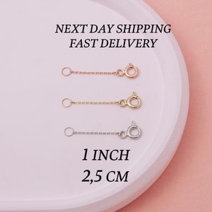 May include: Three necklace extenders in rose gold, gold, and silver. Each extender has a small chain, a clasp, and a ring. The text "1 INCH" and "2,5 CM" is visible.